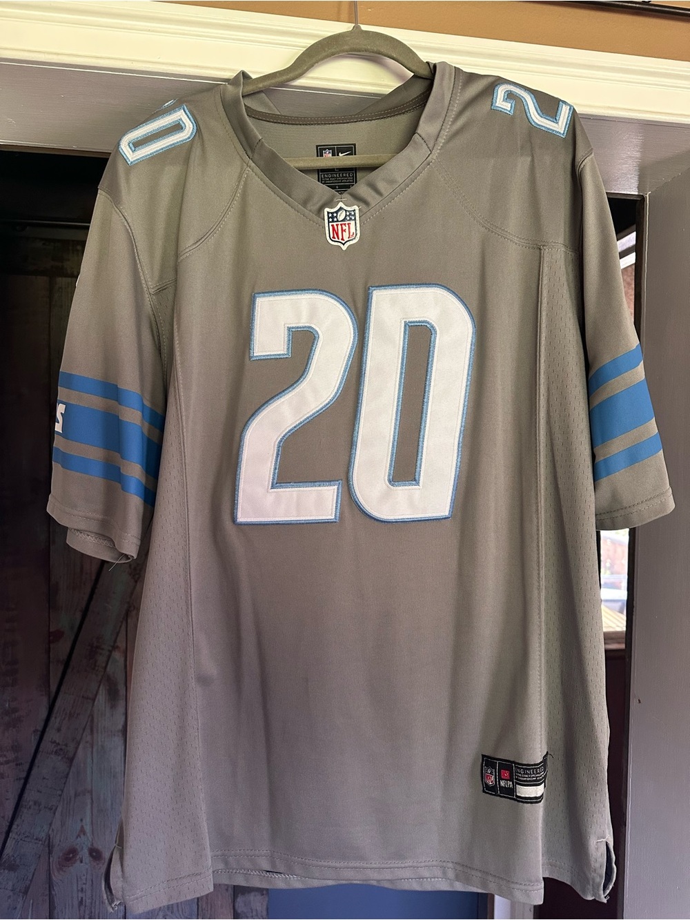 Men's Detroit Lions NFL,#20 Sanders, Gray Football Jersey with Light Blue Accent